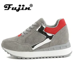 Fujin 6.5cm Platform Wedge Women Casual Shoes Dad Chunky Sneakers Suede Leather Hidden Heel Female Leisure Spring Winter Shoes