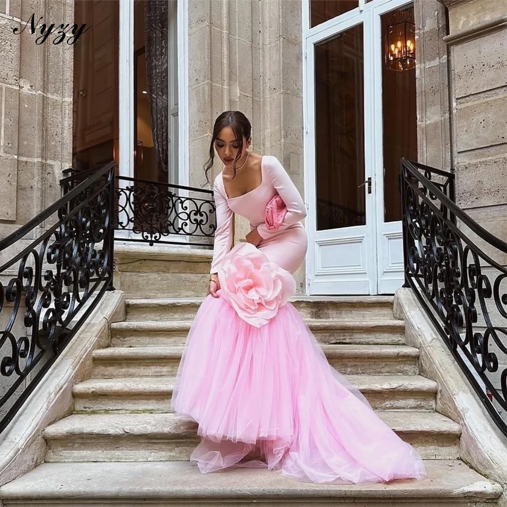 

NYZY E720 Couture Square Long Sleeves Mermaid Evening Dresses Pink Handmade Big Flower Wedding Party Dress Formal Dress Elegant