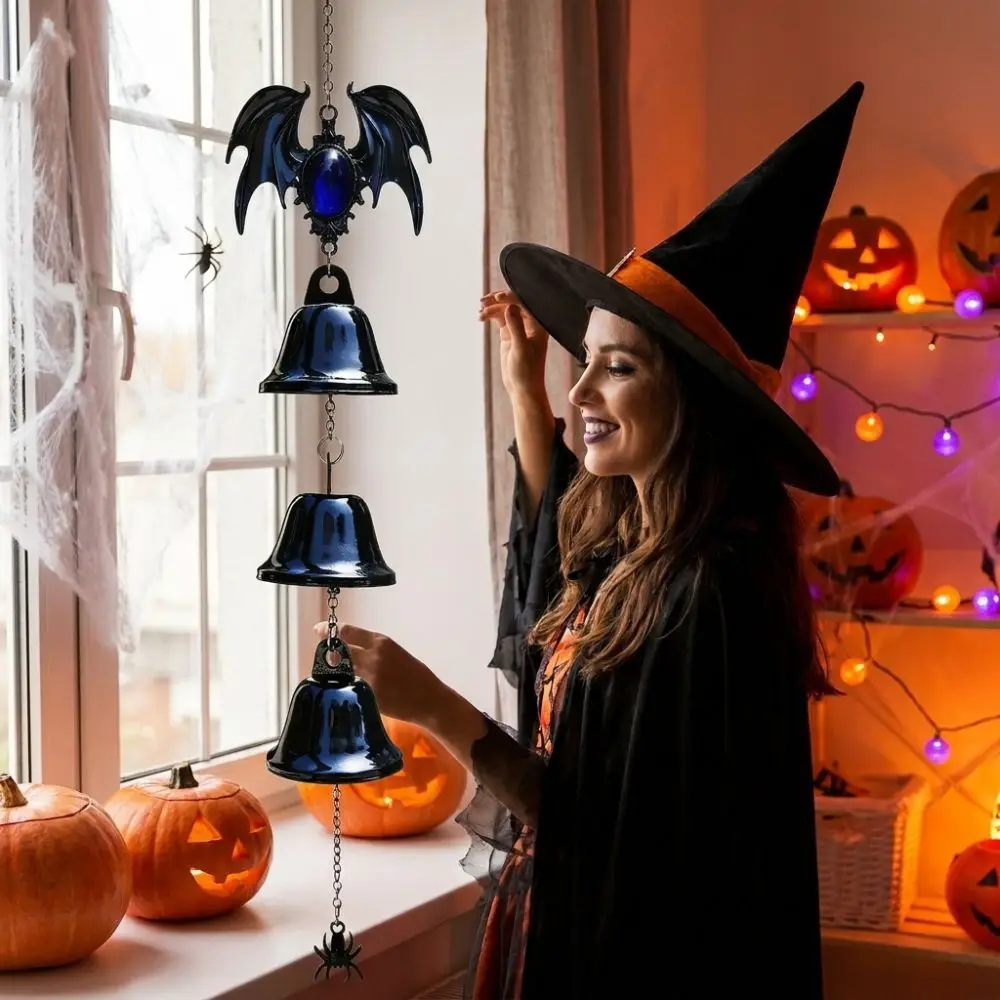 Dark Style Halloween Bat Wind Chime Vintage Funny Bat Spider Hanging Ornament Triple Bell Fade Resistant Gothic Metal Wind Chime
