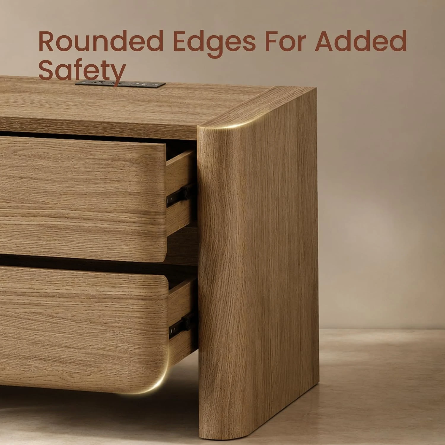 Rounded Edge Nightstands Set Of 2, Thick Legs Night Stand With Charging Station, Large Bedside Table For End Bed Side