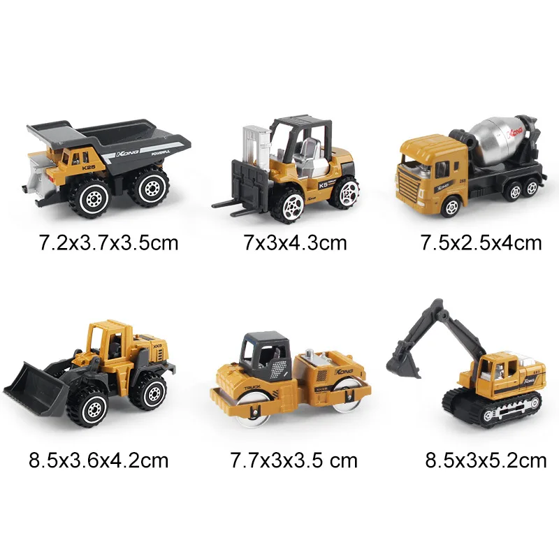 1:64 Die Cast Engineering Vehicle 6Pcs Set Mini Sliding Alloy Model Digger Mixer Forklift Roller Dumper Desktop Display Gift view 5