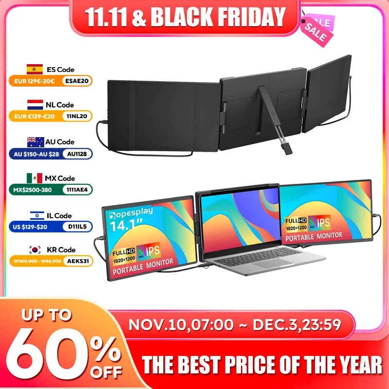 

Dopesplay 14.1" Triple Portable Monitor For Laptop 1200P FHD IPS Screen Extender Type-C USB For PC Switch Mac Up to 17.3 Laptop