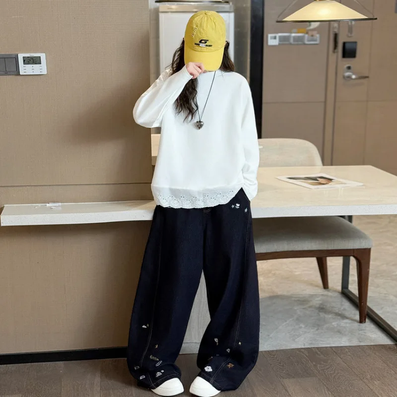 

Осенний детский костюм из 2 предметов для девочек-подростков, кружевная лоскутная футболка с длинными рукавами для девочек-подростков, широкие брюки с принтом для девочек, детский комплект для девочек