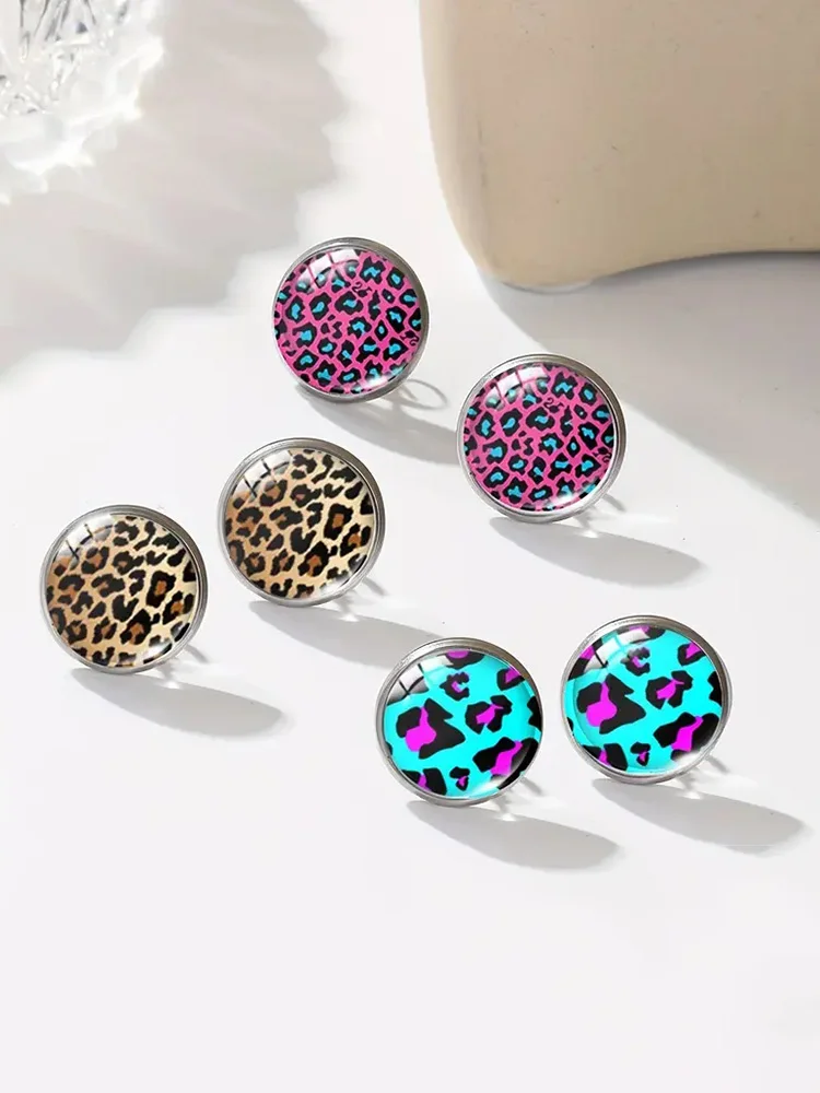 Boucles d'oreilles Vintage bleu rose marron imprimé léopard, couleur argent, acier inoxydable, verre pour femmes