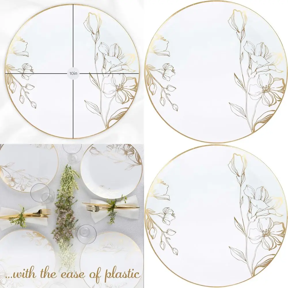 

Elegant Gold-Rimmed White Plastic Floral Party Plates, Heavyweight Disposable Tableware, 120 Count, 10 Inch