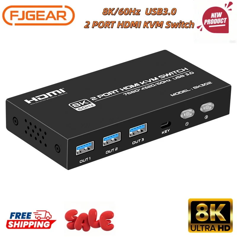 FJ-8K302 FJGEAR 2 Port 2 in 1 Out 8K HDMI Usb 3.0 Kvm Switch Support 7680*4320/60Hz HDMI 2.1 Version KVM Switch