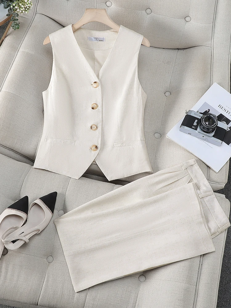 

Elegant Pant Suit Women Red Slim Sleeveless Vest Blazer and Trouser Two Pieces Set for Office Ladies Work Wear