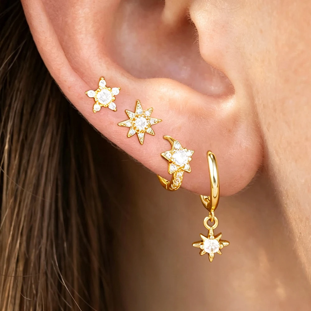 4PCS/8PCS Stainless Steel Octagram Ear Studs Set For Woman Sparkling Zircons Star Hoop Earring Fashion Daily Wear Jewelry
