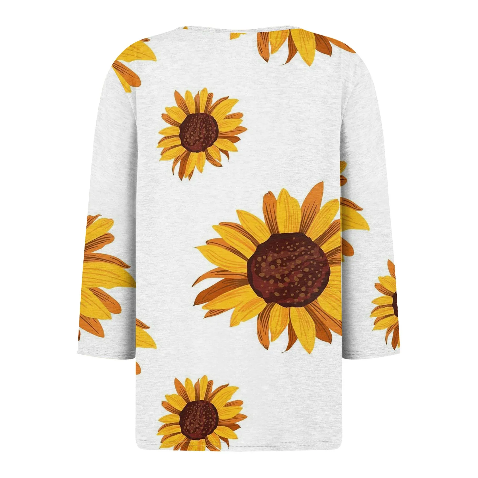 Fashion Women\'s Summer T-Shirts Sunflower Printed Loose Casual 3/4 Length Sleeve TShirts Button V-Neck Basic Tops Plus Size