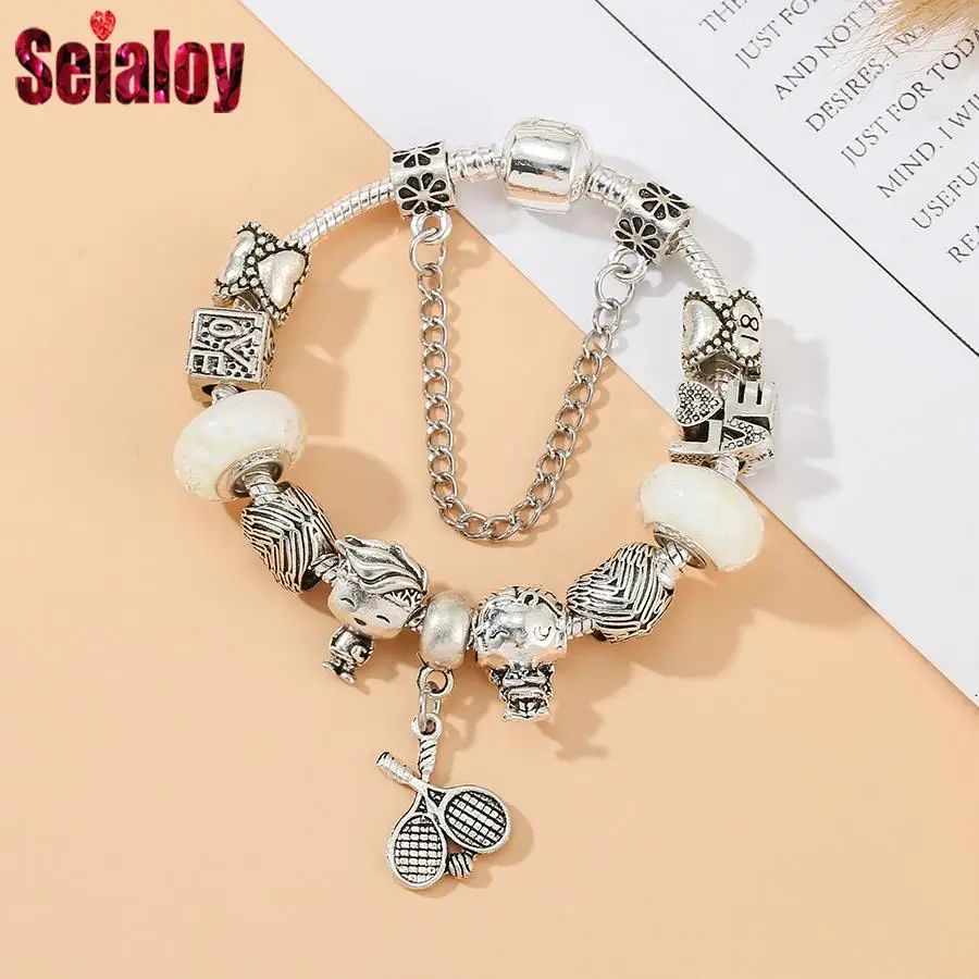 Seialoy Tennis Racket Charm Bracelets For Women Men Original Boy Girl Heart LOVE Beaded Silver Color Bangle Couple Jewelry Gifts