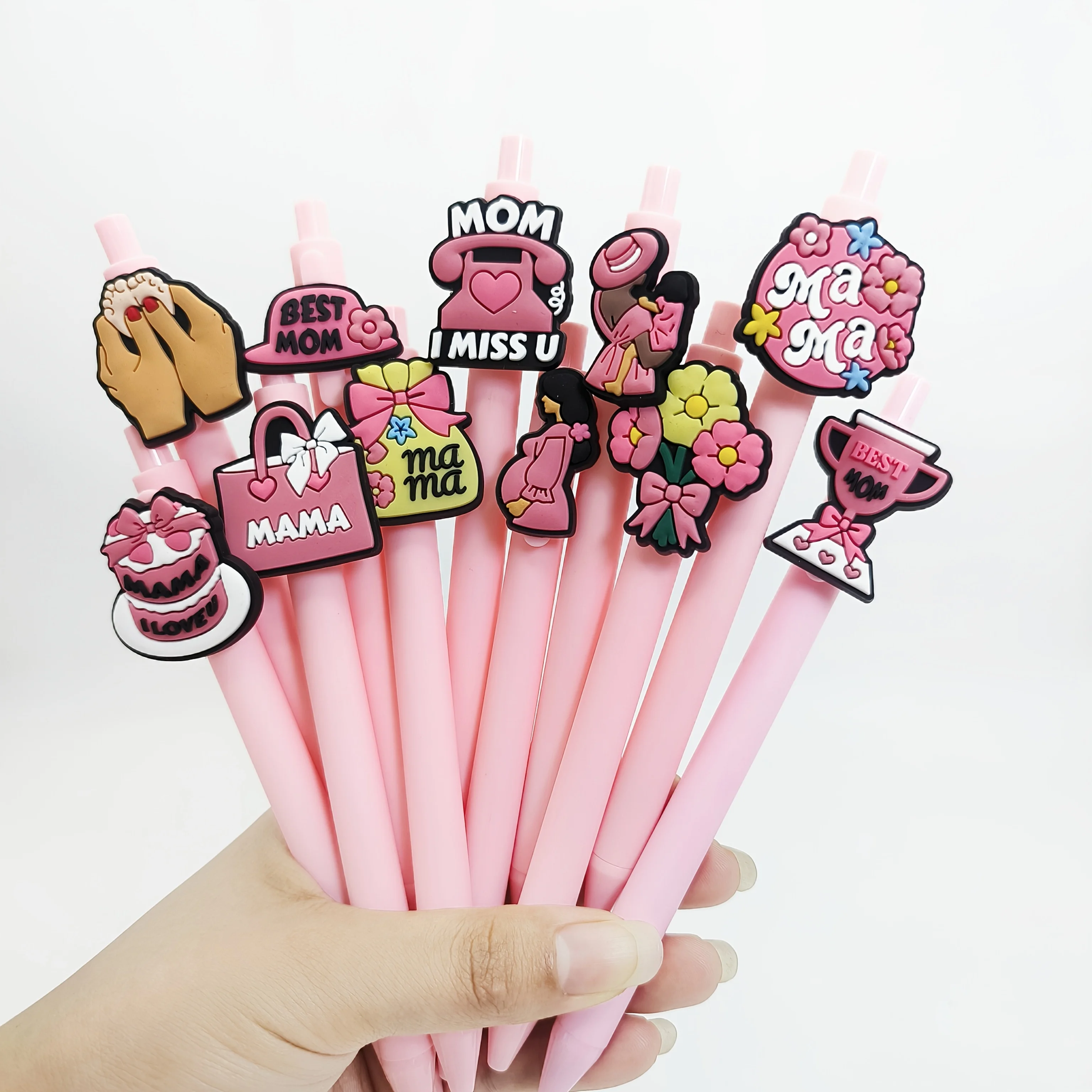 10 Stück hellrosa Patch-Stift zum Muttertag, PVC-Kugelschreiber mit weichem Gummi-Patch, Geschenkstift für Studenten, zufälliger Stil