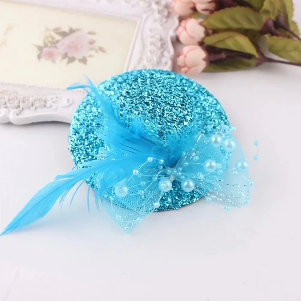 Cute Glitter Girl Fascinator Hat Mesh Children's Top Hat Feather Headwear Dance Girl Hair Accessory
