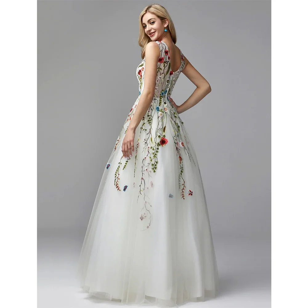 Sansa Elegant A-Line Floral Lace Porm Dress Customized Floor-Length Strapless Wedding Dresses Spaghetti Strap Vestidos De Fiesta