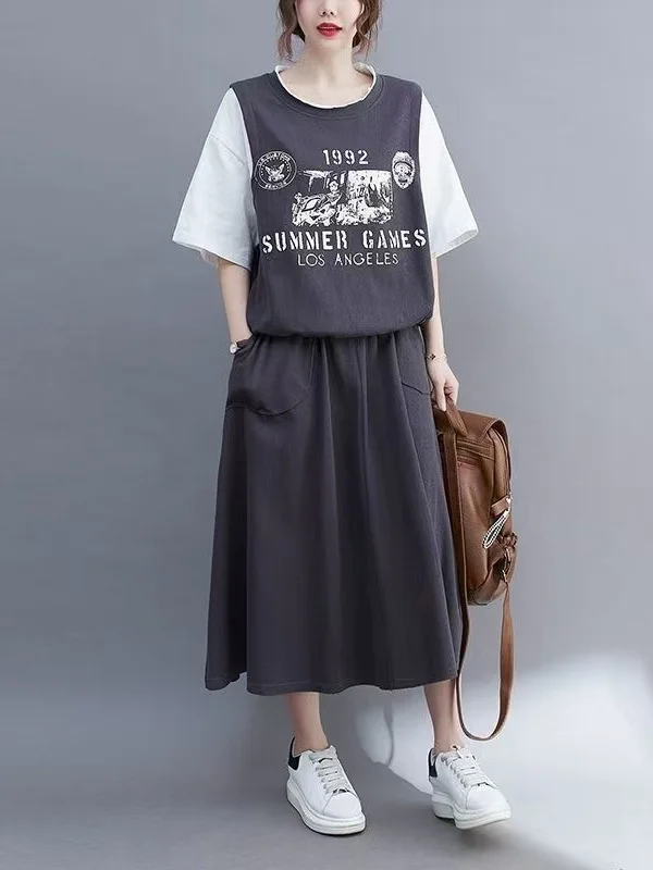

plus Size Women's Fashion Set High Waist A-Line Skirt Short Sleeve Top Summer New Loose Meat Covering Two-Piece Suit