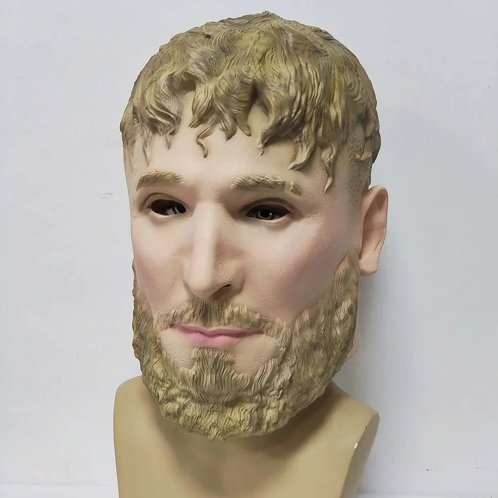 Realistische Latex-Maske für den ganzen Kopf mit lockigem blondem Haar und Bart-Design für Maskerade, Halloween, Cosplay, Kostümparty, Requisiten – Detail 5