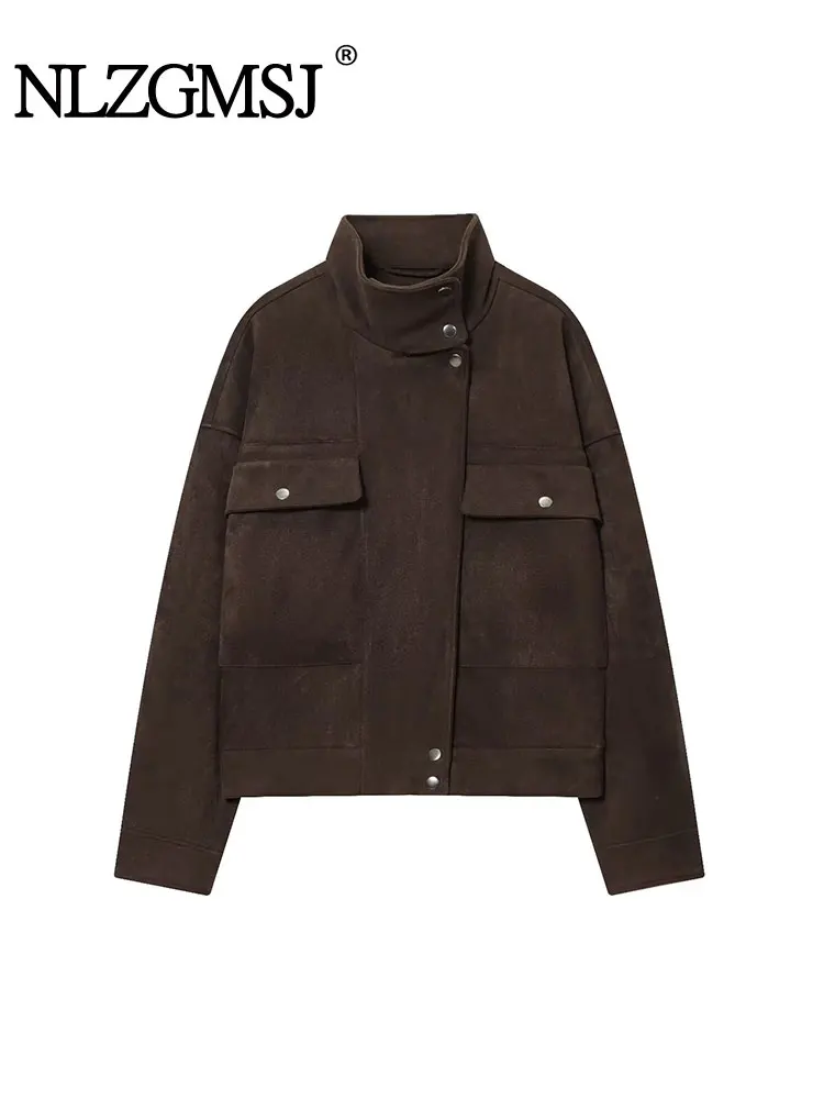 

NLZGMSJ шикарная женская куртка из искусственной замши, осенняя куртка-стойка с длинным рукавом на молнии и большими карманами, короткое пальто, женская верхняя одежда, топ Y2K