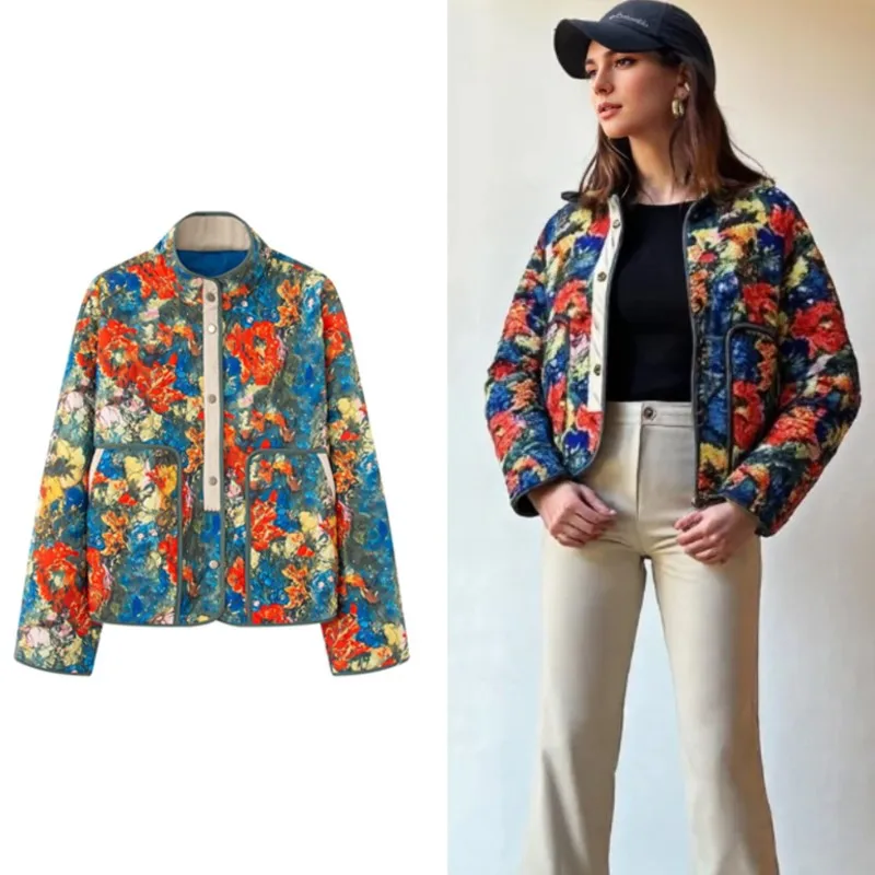 

Винтажная стеганая хлопковая куртка с цветочным принтом для женщин, осень-зима 2024, модные однобортные короткие пальто с карманами, шикарная офисная верхняя одежда