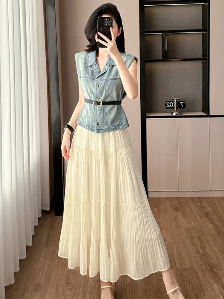 

2025 Summer New Korean Fashion Casual 2 Piece Sets Women Outfit Vest Top + High Waist Long Skirt Two-piece Set Conjuntos Cortos