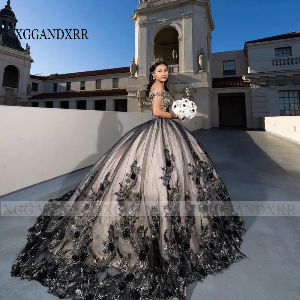 

Black Princess Tulle Ball Gown Quinceanera Dresses 2024 Meninas De 15 Anos Appliques 3D Flower Ballkleid Vestidos De Debutante