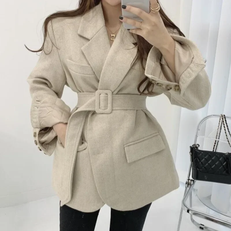 Korean Chic 2024 Autumn Winter Temperament Top Lapel Strap Waist Thickening Cotton Short Coat Herringbone Wool Suit Jacket Woman