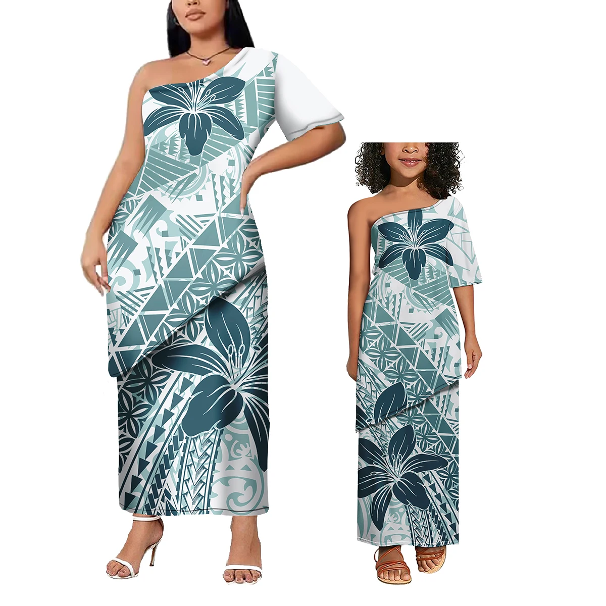 Low Price Wholesale Custom Polynesian Design Family Matching Clothing Two Piece Sets Samoan Puletasi Mommy And Me Dress