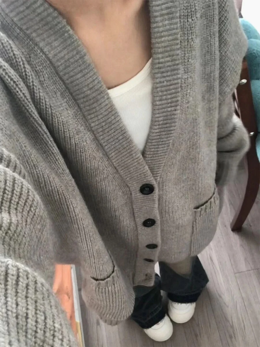 

Gray Knitted Open Cardigan Women's Soft Cozy Student Sweater Top Small Size Autumn New Style Commute Style round Neck Button up