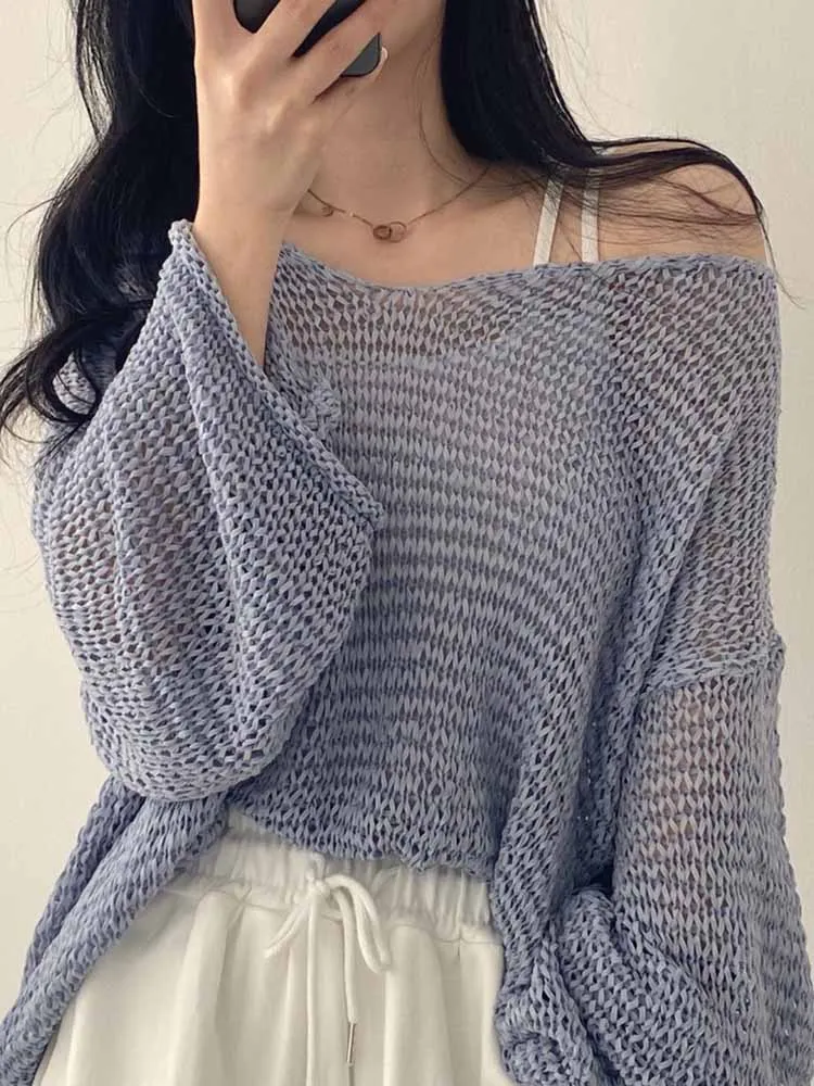 

Loose Knitted oulder Bared Thin Design Long Sve Women's Top Sweet Youthful Pure Desire Sle Cover up Korean Version