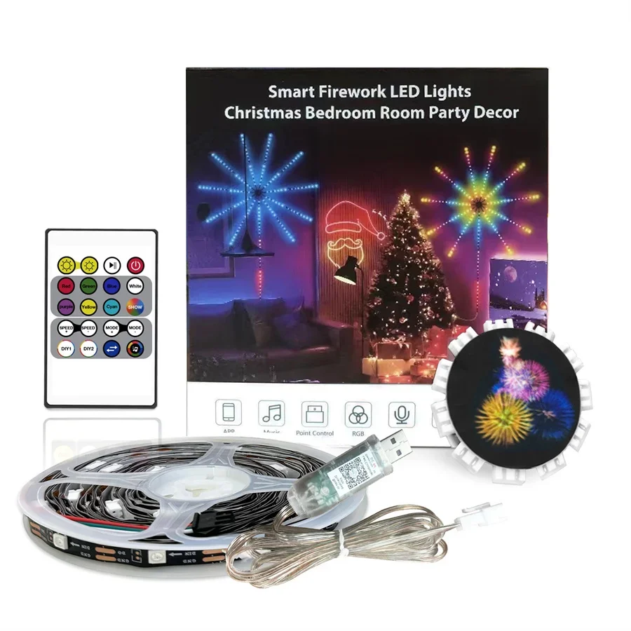 Fireworks RGB LED Strips Light, Starburst String Lights, Controle remoto para quarto, TV Backlight Decor, Smart App, Firework Clap