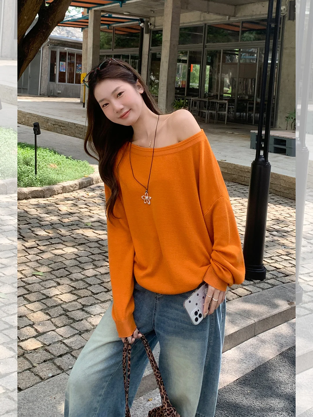 

Женский вязаный свитер Dopne Orange с одним открытым плечом, длинным рукавом, свободного кроя, в корейском стиле, для осени