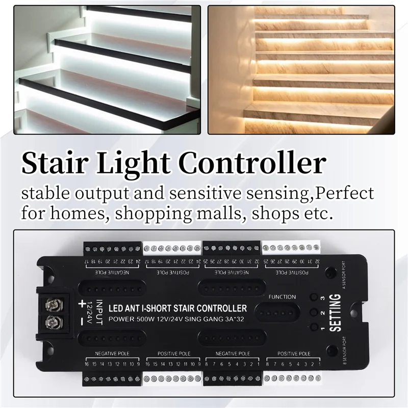 AB45 para escaleras tira Flexible Sensor de movimiento LED interior 32 canales brillo ajustable DC 12V 24V controlador de luz de escalera