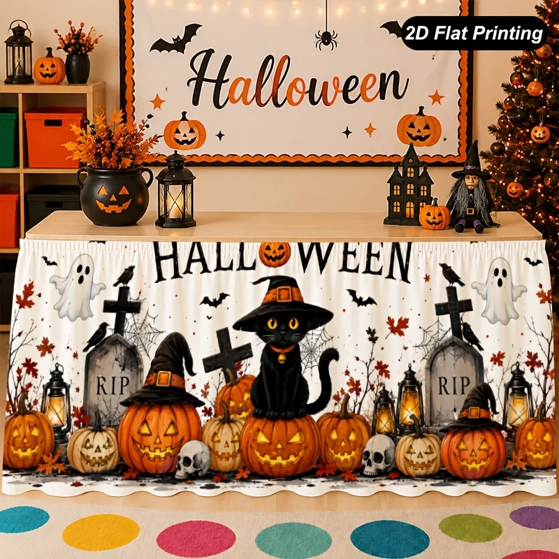 One-piece Halloween tablecloth, Halloween tombstone, pumpkin witch table skirt - very suitable for home kitchen decorationzyc