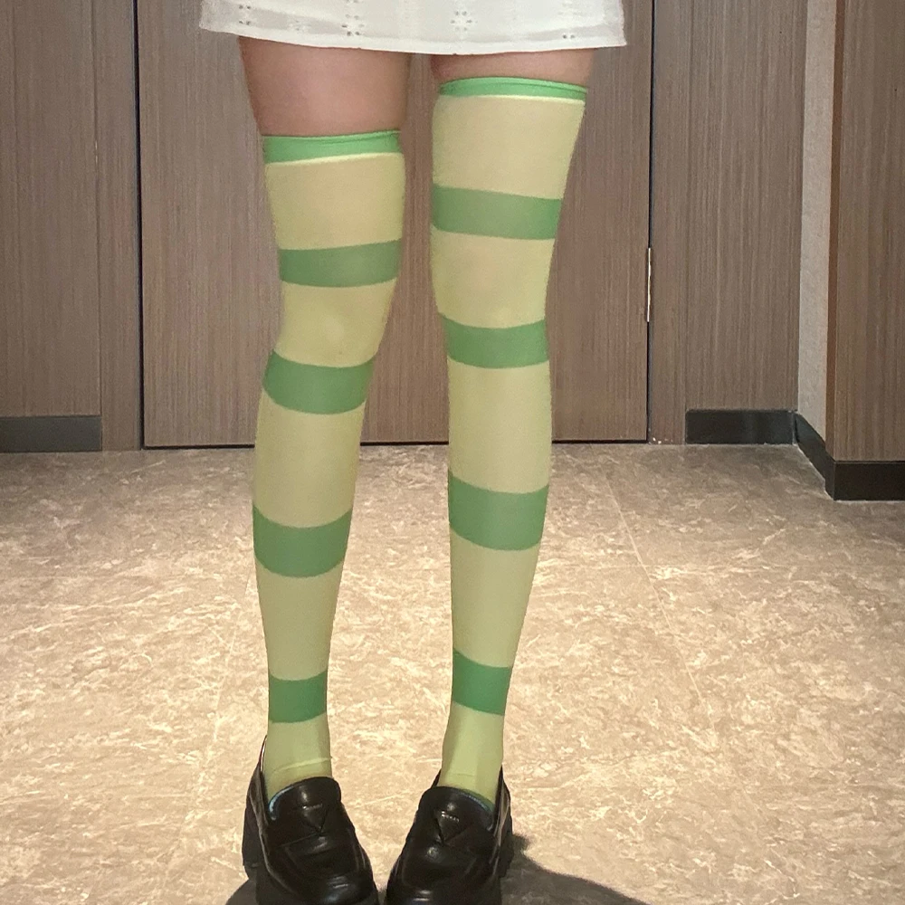 New Anime green white horizontal striped over-the-knee stockings fashion sexy thigh socks soft cute girl Cospaly summer gift