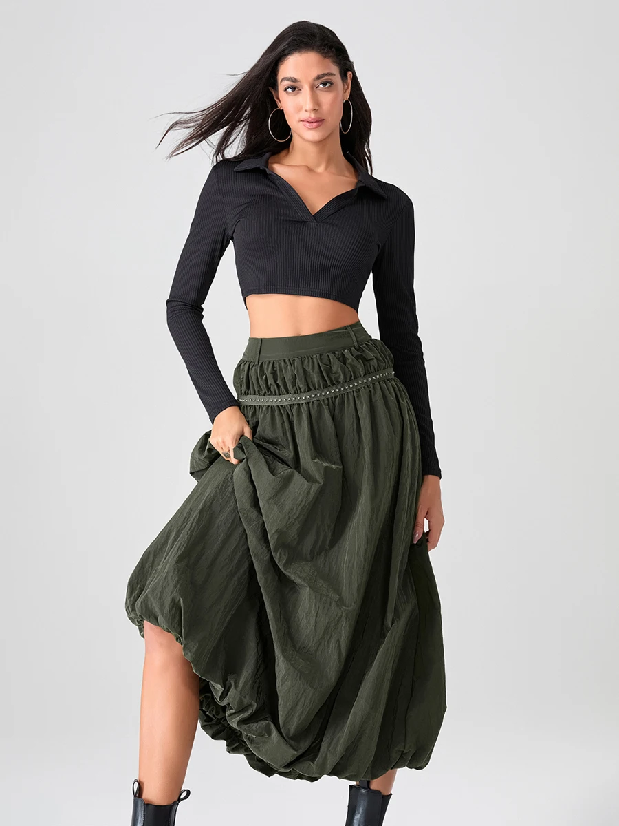 wsevypo Punk Style Bubble Long Skirts Women Rivet Decor Elastic High Waist Loose Skirts for Streetwear Grunge Aesthetic Clothes