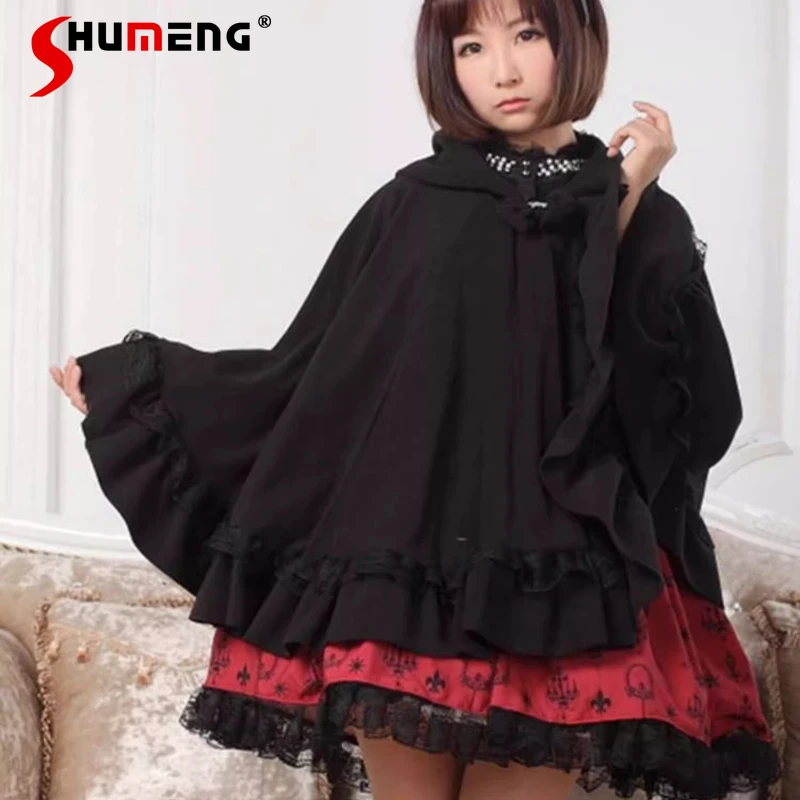 

Черные накидки с капюшоном в стиле японской Лолиты, осенне-зимняя новая милая свободная короткая куртка, женские теплые флисовые пончо массового производства