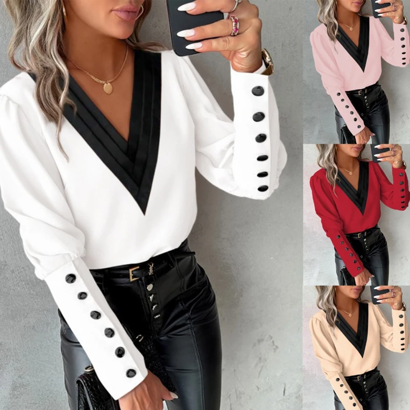 

Fashion V-Neck Long Sleeve Solid Women Tops Blouses Spring Casual Buttons White Top Femme Blouses For Women Office Shirt Blusas