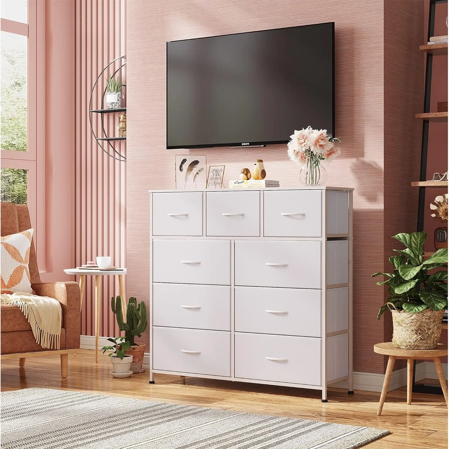 9-Drawer Dresser, Fabric Storage TowerOrganizer Unit for Bedroom w/ Fabric Bins, Steel Frame, Wood Top, Easy Pull Handle, White