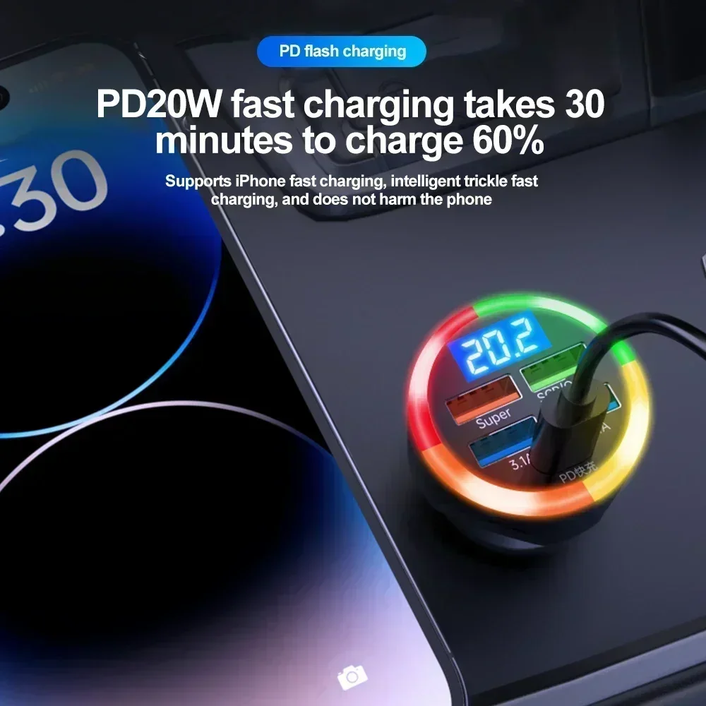 Car Fast Charging Multi-port Charger 12-24V Colorful Light One-to-six QC3.0 Quick Charging Adapter For Most Models Phones