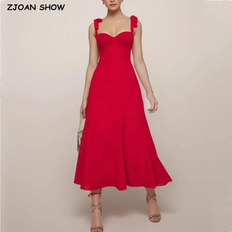 2024 Summer French Solid Red Women Dress Bodycon Tie Bow Strap Sleeveless Dress Sexy Beach Women Party Dress Vintage Female