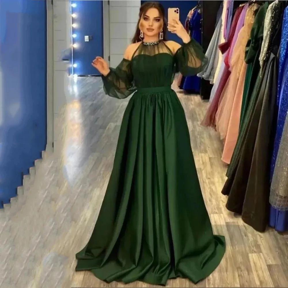 

Emerald Green 2023 Evening Dresses Off The Shoulder Puffy Long Sleeves Halter Neck Satin Arabic Women Formal Night Party Prom