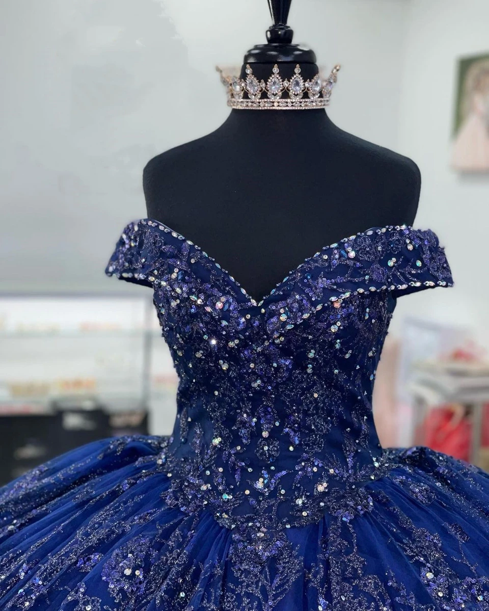 Gaun Quinceanera Biru Gemerlapan 2023 Gaun Renda Manik-manik Pesta Mewah Formal Applique Manis 15 Gaun Pesta Kelulusan Gaun Prom Gwon