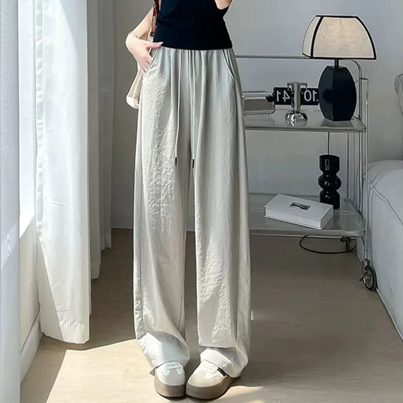 Summer Comfortable Ice Silk Wide Leg Trousers Female Solid Versatile Loose Casual Pants Straight Leg Elastic High Waisted Pants