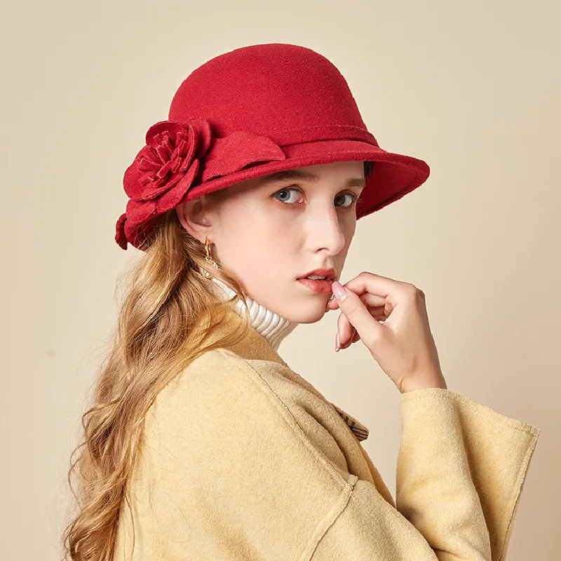 Hat female autumn and winter Korean style woolen bucket hat British Retro Dome Billycock elegant fashion Flower Fashion Cap