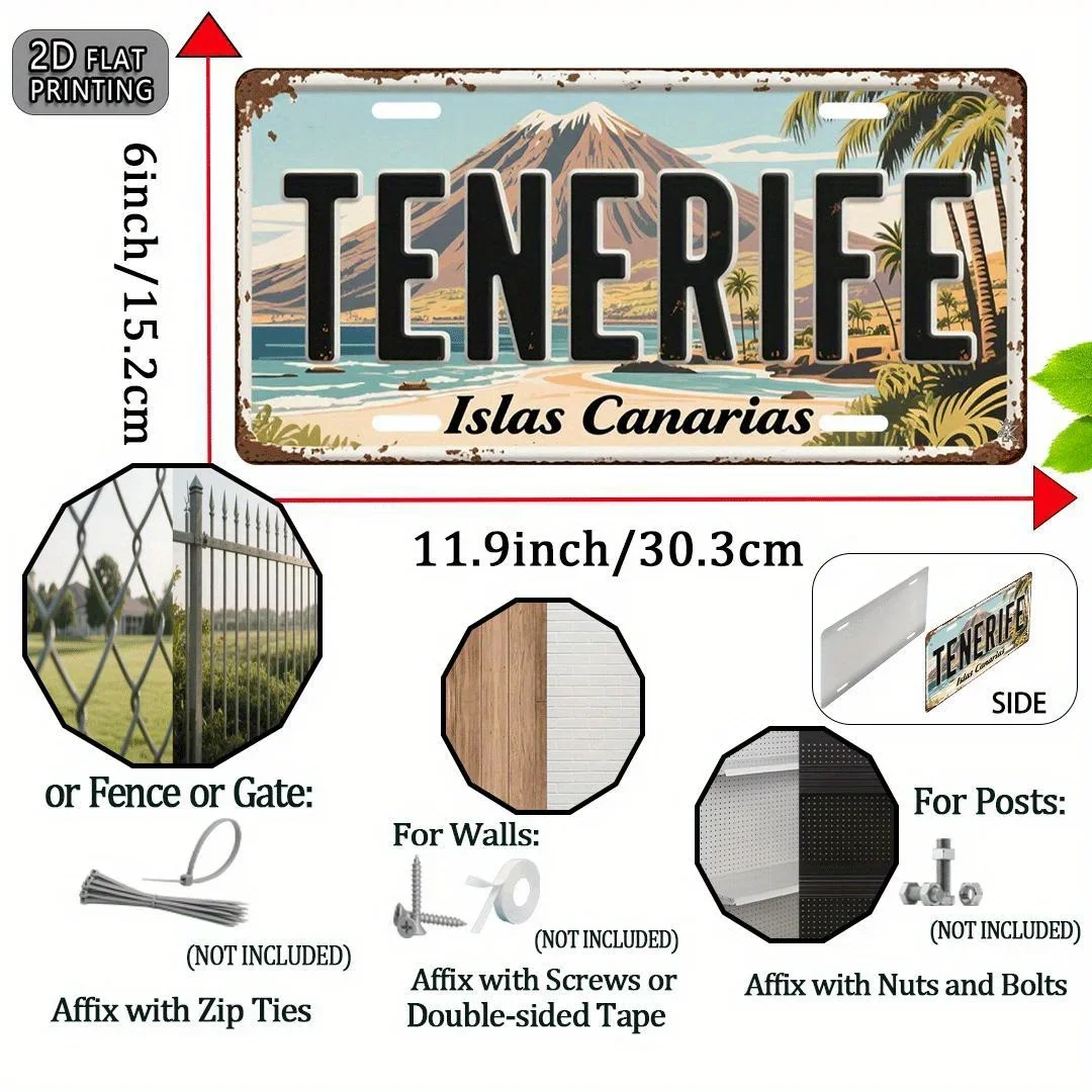 Tenerife Islas Canarias Volcano Beach 2D Flat Printing License Plate Style Metal Tin Sign, Canary Islands Themed Decorative Alum