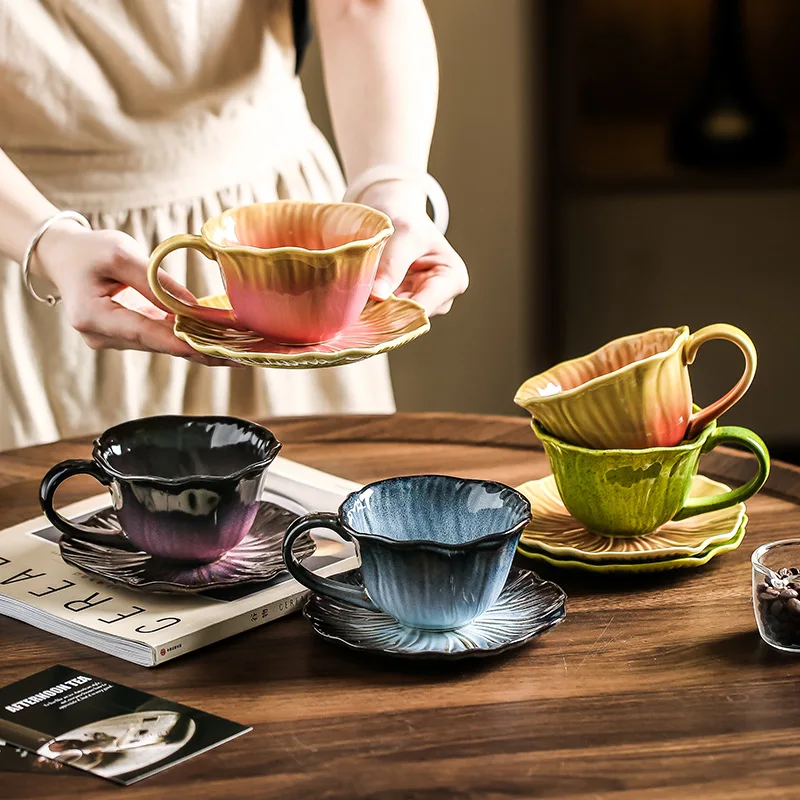 Flower Shaped Ceramic Mug Dish Set Hand-painted Coffee Cup Milk Cup Breakfast Cup Beverage Cups Couple Cups Beverage Utensil