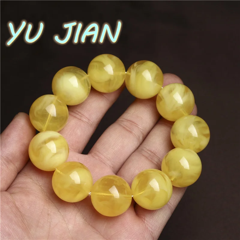 

Natural Amber Elastic Bracelet Yellow Beeswax Round Beads Women MenFine Fashion Accessories Bangle Decorate Gift