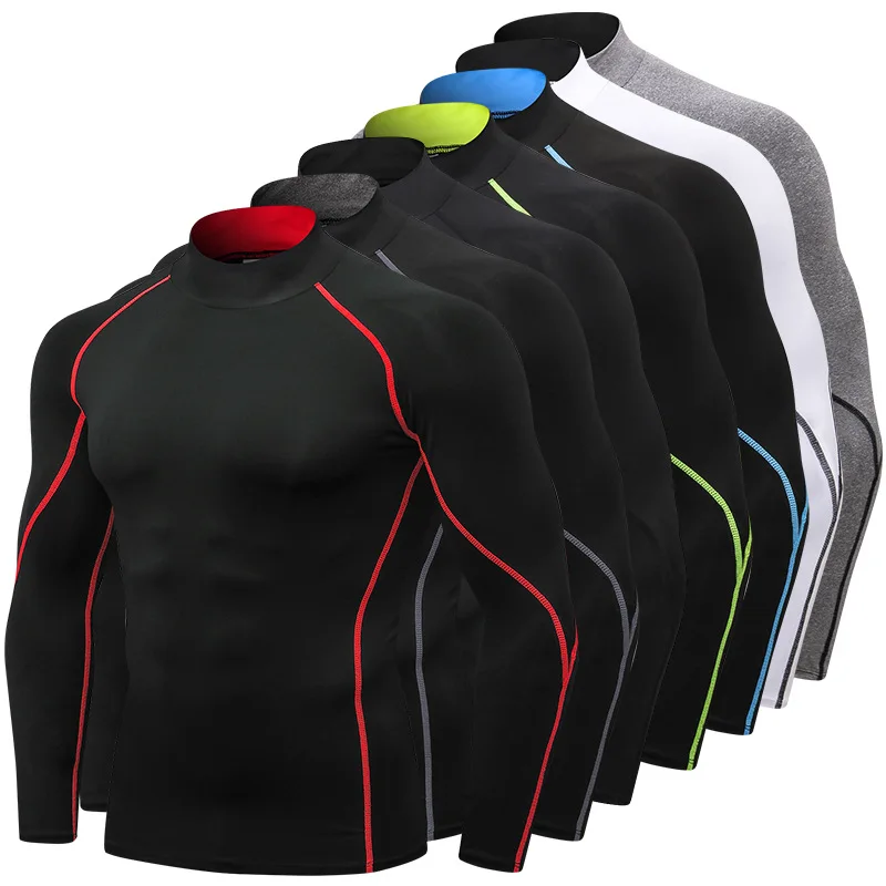 Men's high-neck fitness long-sleeved PRO sports running basketball T-shirt  elastic tight breathable stand-up collar sweatshirt
