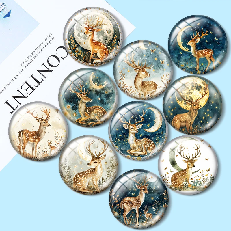 

Watercolor Moon Magical Deer 10pcs 12mm/16mm/18mm/30mm Round Photo Glass Cabochon 25mm Demo Flat Back Making findings