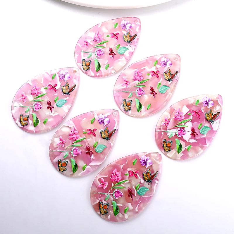 6pcs 34x53mm Flowers Butterfly Print Big Charms Pendant for Earring Key Chains Acrylic Waterdrop DIY Jewelry Making Findings