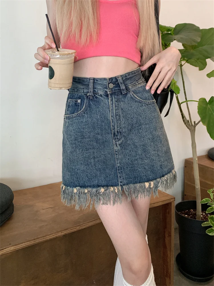 スパイシーガールレトロデニムスカート レディース 秋新作 大きいサイズ デザインセンセーション 小さなクロスフリンジ Aライン ボディコンスカート