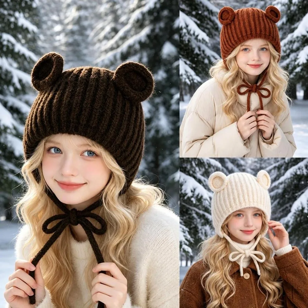 Fashionable Thicken Bear Ear Knitted Hat Cute Ear Solid Color Ear Protection Hat Keep Warm Overhead Cap Winter